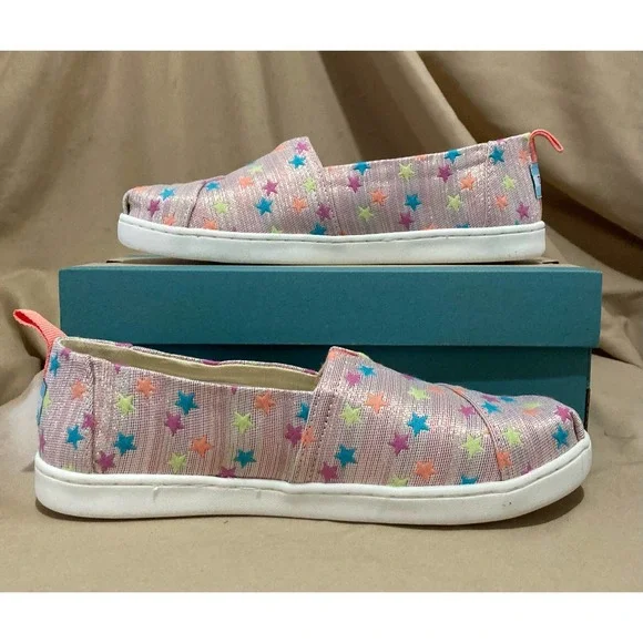 NWT TOMS Multi Glimmer Embroidered Stars Girls' Alpargata Shoes Size
